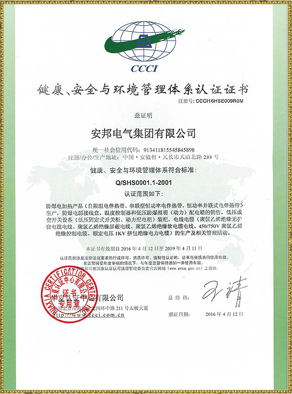 健康、安全與環(huán)境管理體系認(rèn)證證書